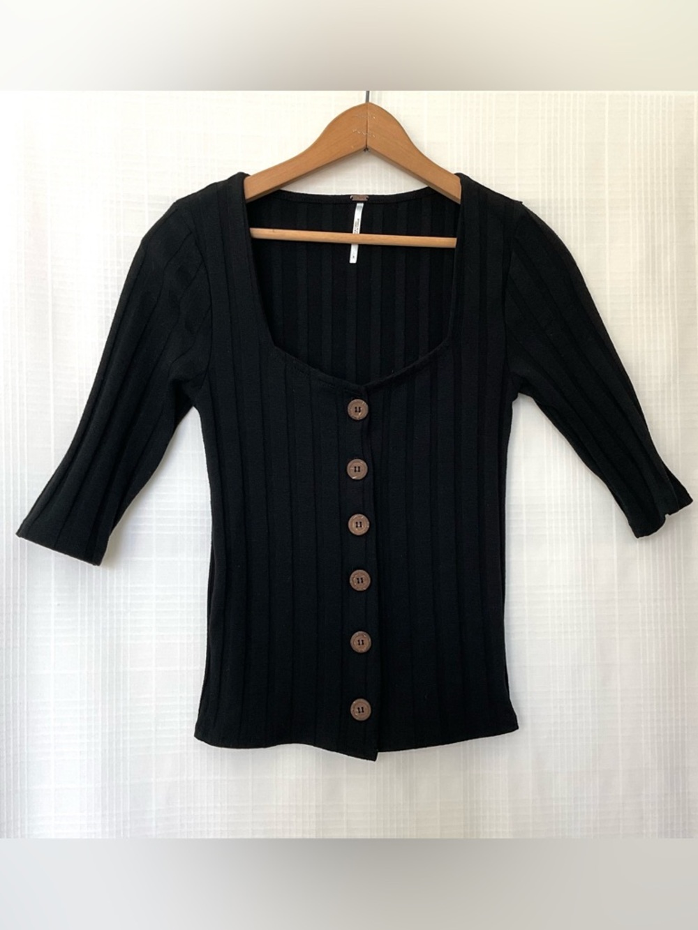Free People Black Ribbed Button-Front Top